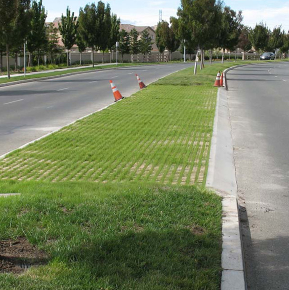 drivable median on roadway with driveable grass